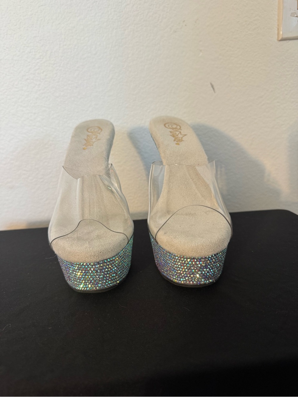 Pleaser Clear Platform Heels with Holographic Crystal Platform - White/Clear